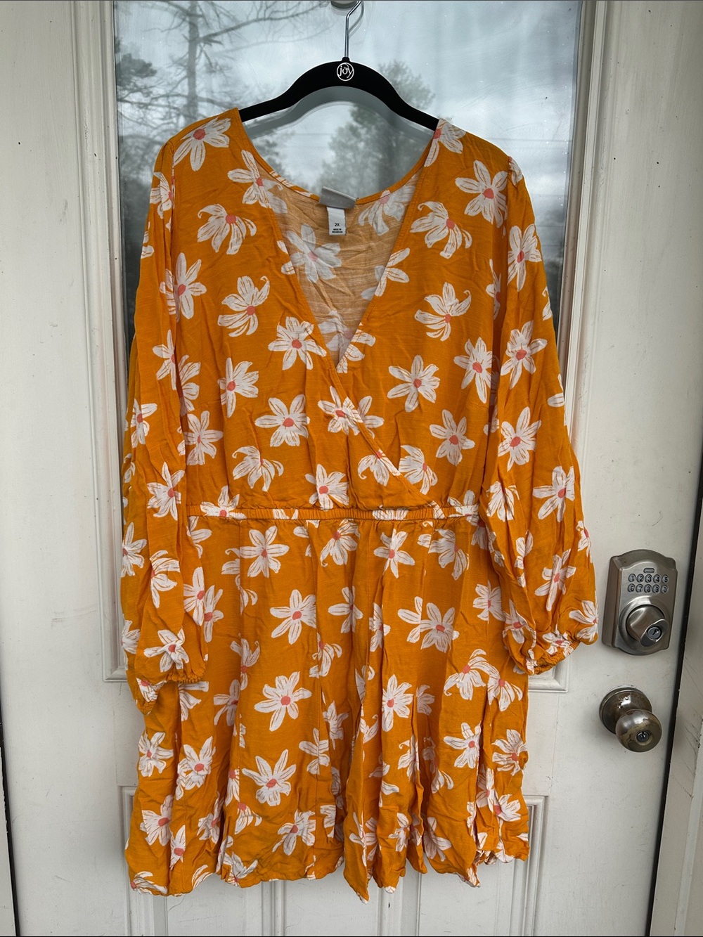 Ava & Viv Mustard Yellow Floral Long Sleeve V-Neck Dress (2X)